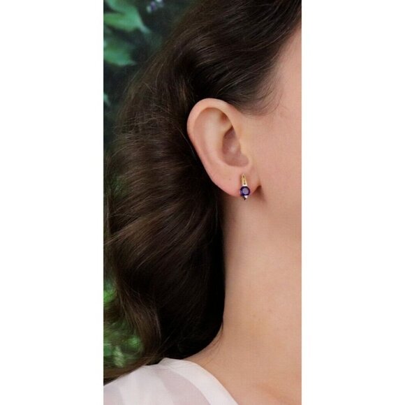 14k Yellow Gold Natural Amethyst & Diamond Earrings Stud Post - Picture 4 of 8